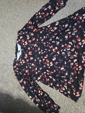 SHEIN Black Long Sleeve Floral Peplum Top with Red & Pink Accents